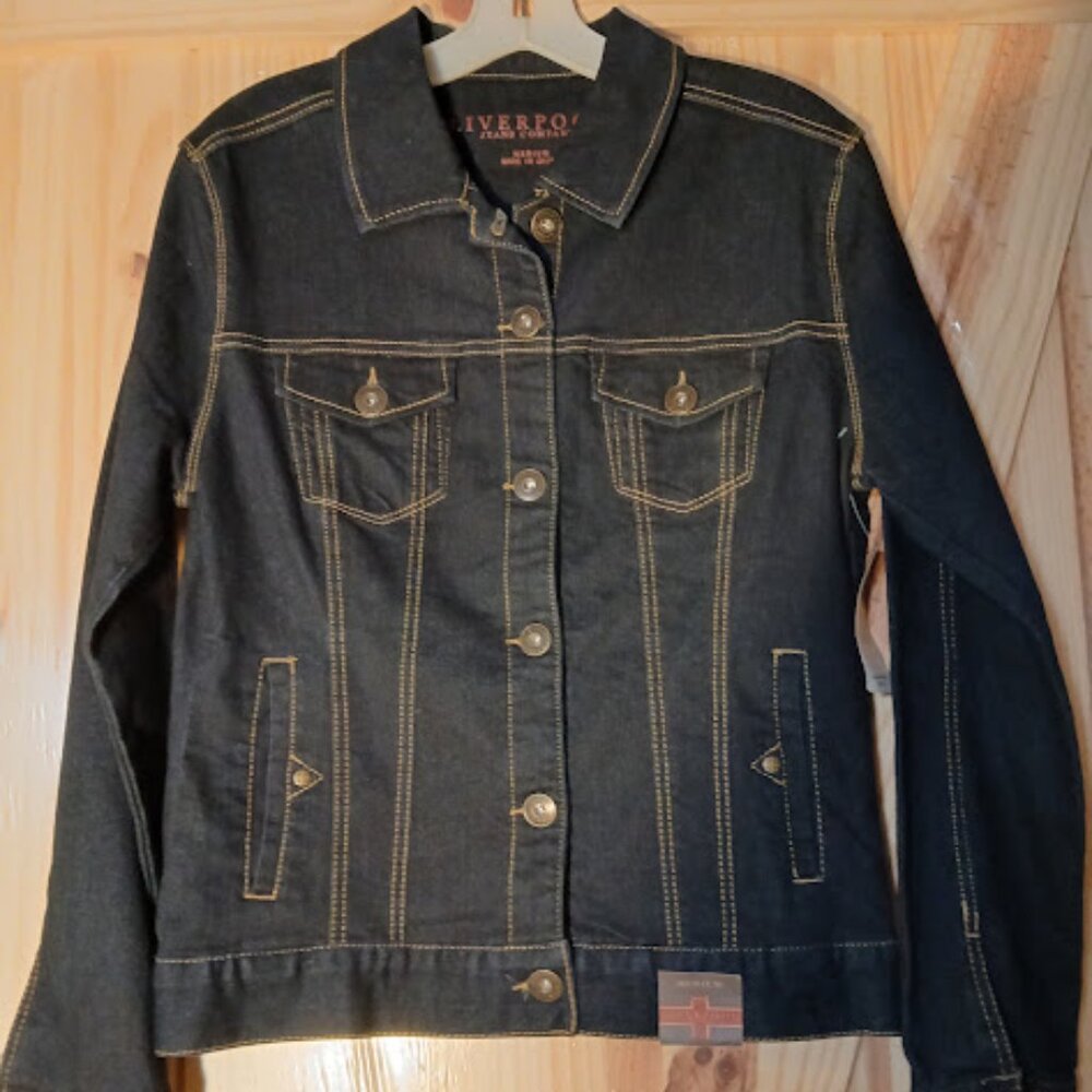 NWT Liverpool Blue Indigo Rinse stretch Denim Jacket Medium Gold Stitch Pockets